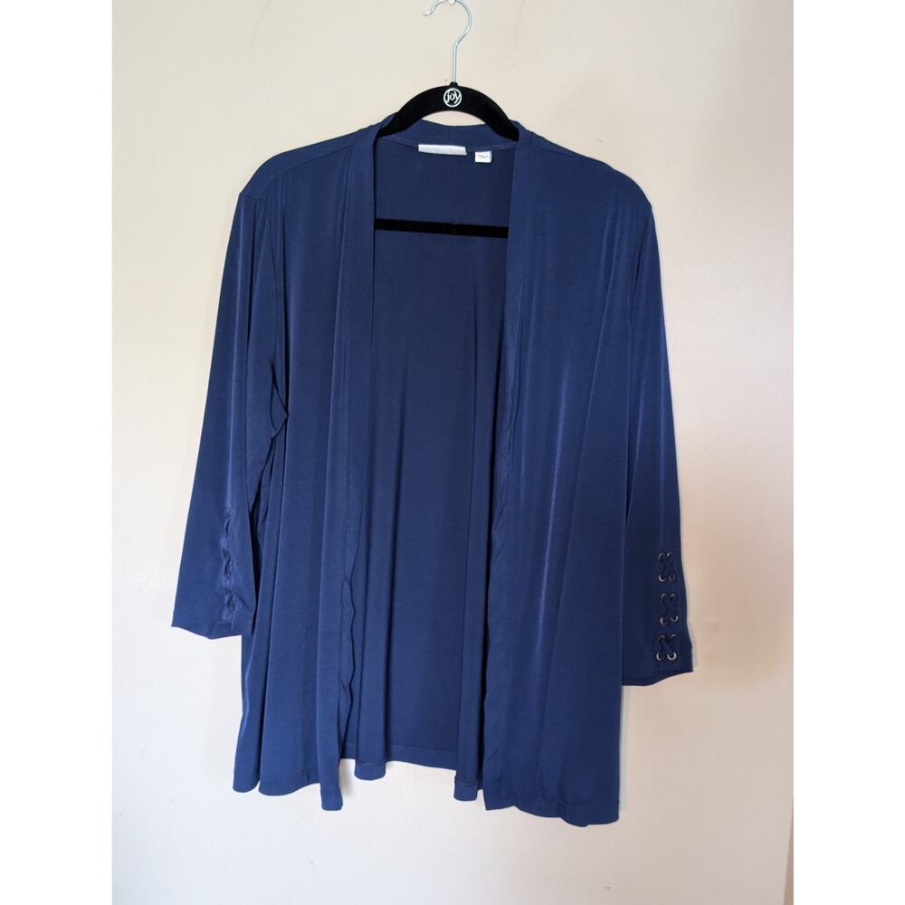 Susan Graver Navy Liquid Knit Cardigan with Sleeve Accents Nautical Spring